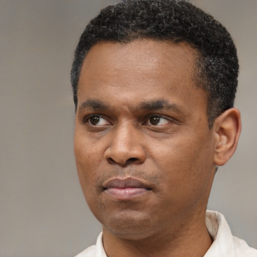 Neutral latino adult male with short  black hair and brown eyes