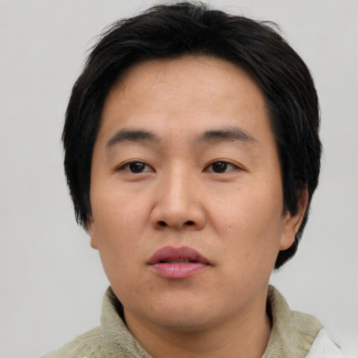Neutral asian young-adult male with short  brown hair and brown eyes