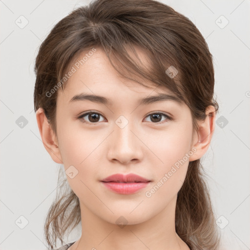 Neutral white young-adult female with medium  brown hair and brown eyes