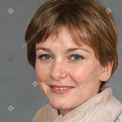 Joyful white adult female with medium  brown hair and grey eyes