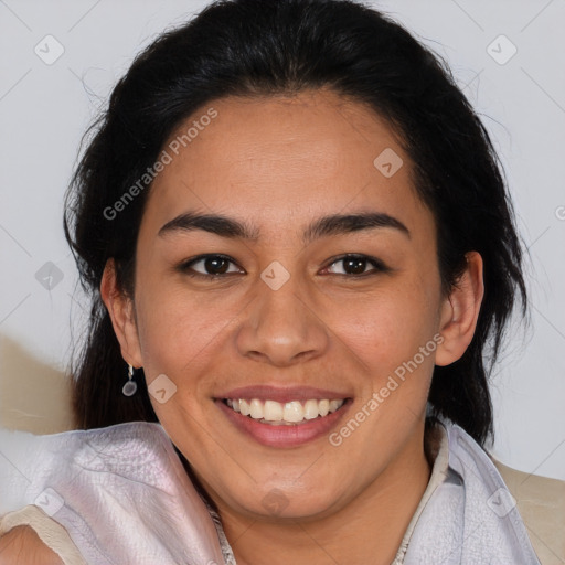 Joyful latino young-adult female with medium  brown hair and brown eyes