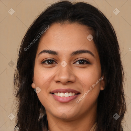 Joyful latino young-adult female with long  brown hair and brown eyes