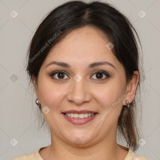 Joyful white young-adult female with medium  brown hair and brown eyes