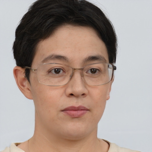 Neutral white adult female with short  brown hair and brown eyes