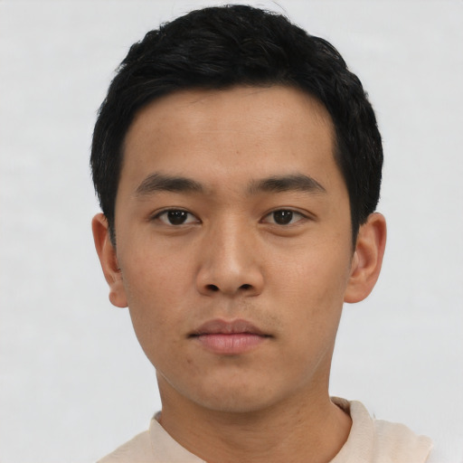 Neutral asian young-adult male with short  black hair and brown eyes
