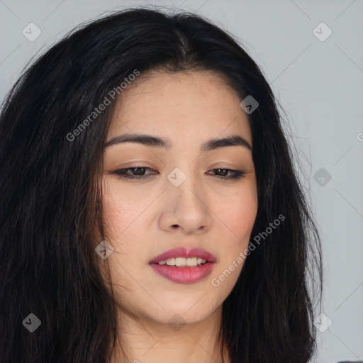 Joyful asian young-adult female with long  brown hair and brown eyes