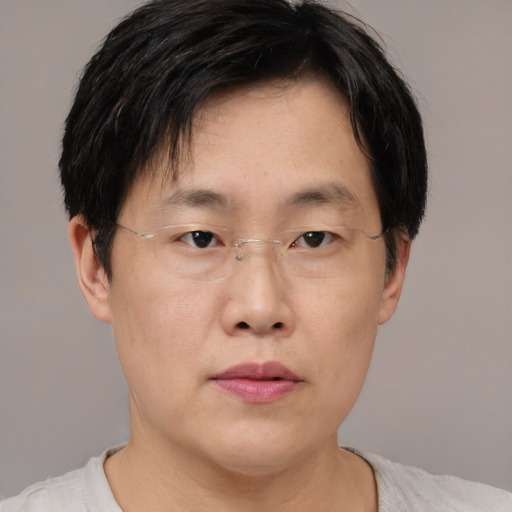 Neutral asian adult male with short  brown hair and brown eyes