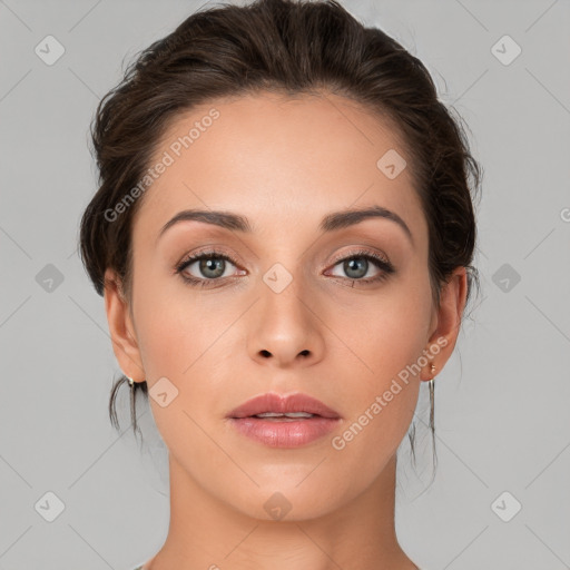 Neutral white young-adult female with medium  brown hair and brown eyes