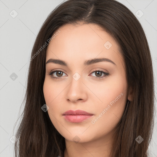 Neutral white young-adult female with long  brown hair and brown eyes