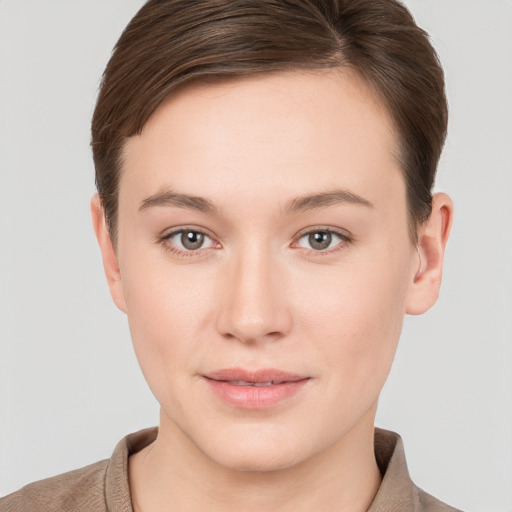 Neutral white young-adult female with short  brown hair and brown eyes