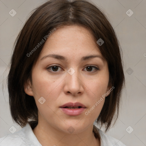 Neutral white young-adult female with medium  brown hair and brown eyes