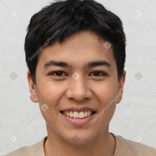 Joyful asian young-adult male with short  black hair and brown eyes