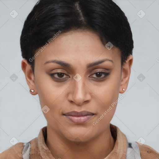 Joyful latino young-adult female with short  brown hair and brown eyes