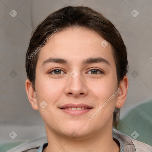 Joyful white young-adult female with short  brown hair and brown eyes