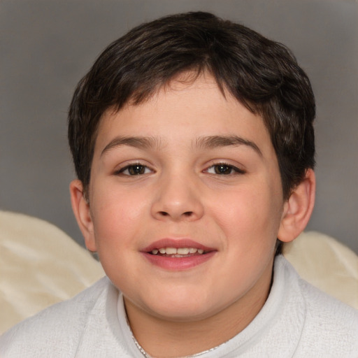 Joyful white child female with short  brown hair and brown eyes