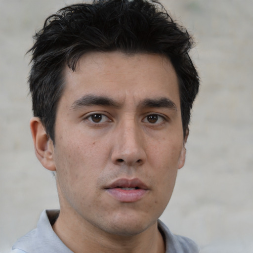 Neutral asian young-adult male with short  brown hair and brown eyes