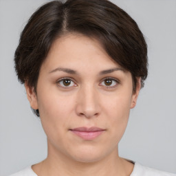 Neutral white young-adult female with short  brown hair and brown eyes