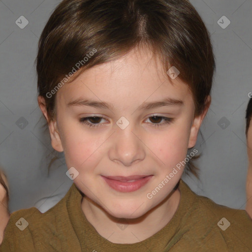 Joyful white child female with medium  brown hair and brown eyes