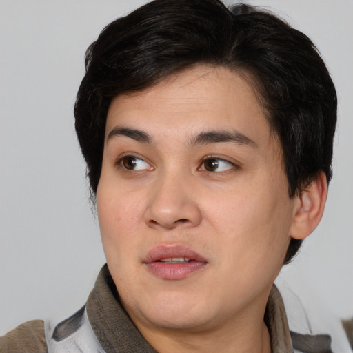 Joyful white young-adult male with medium  brown hair and brown eyes