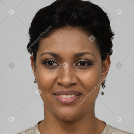 Joyful black young-adult female with short  black hair and brown eyes