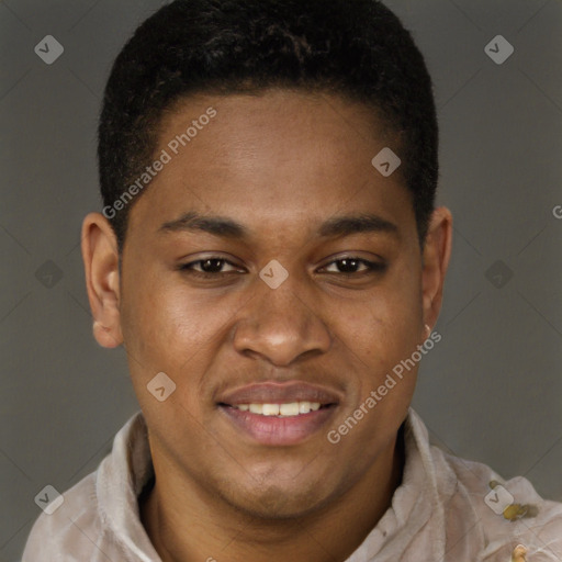 Joyful latino young-adult male with short  brown hair and brown eyes