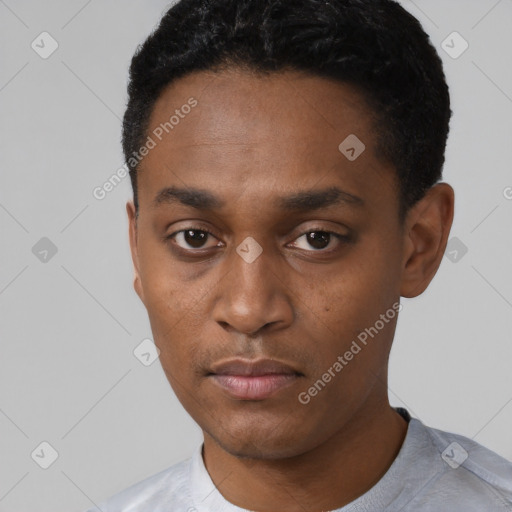 Neutral black young-adult male with short  black hair and brown eyes
