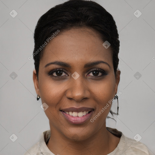 Joyful black young-adult female with short  brown hair and brown eyes