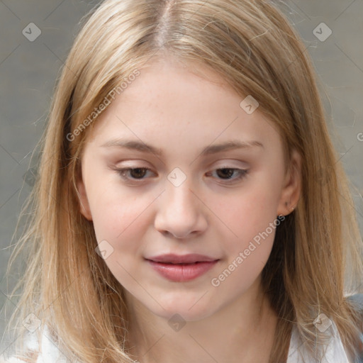 Joyful white child female with medium  brown hair and brown eyes