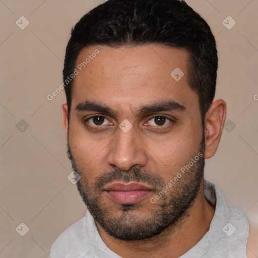 Neutral latino young-adult male with short  black hair and brown eyes