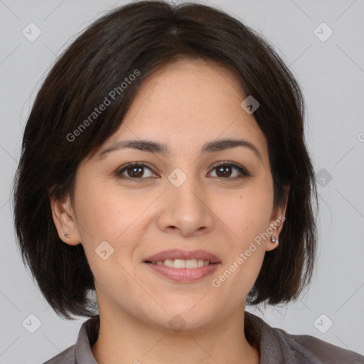 Joyful white young-adult female with medium  brown hair and brown eyes