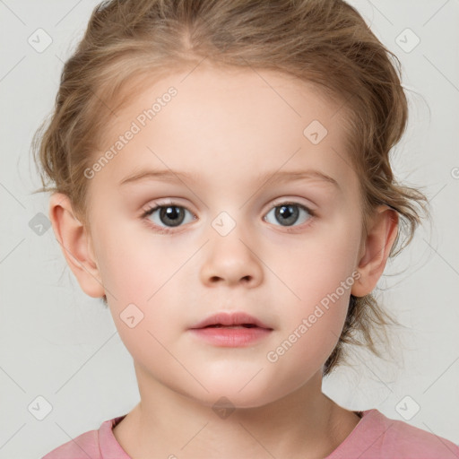 Neutral white child female with medium  brown hair and blue eyes