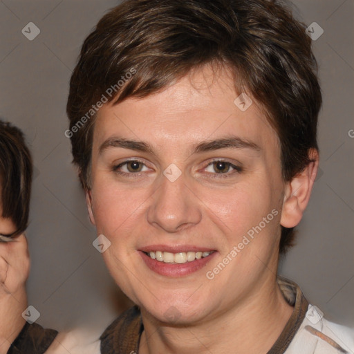 Joyful white young-adult female with medium  brown hair and brown eyes