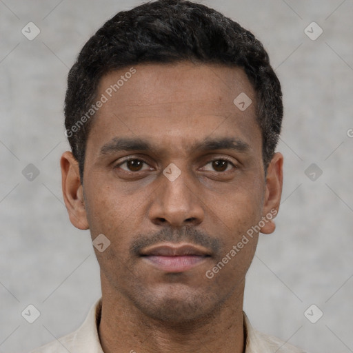 Neutral latino young-adult male with short  black hair and brown eyes