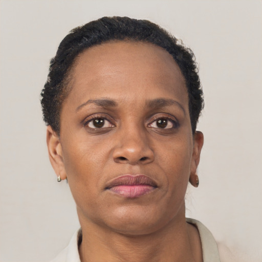 Neutral black adult female with short  black hair and brown eyes