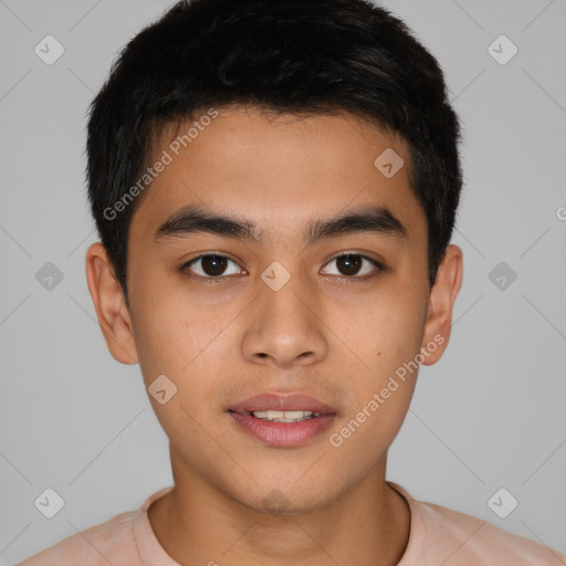 Joyful latino young-adult male with short  brown hair and brown eyes