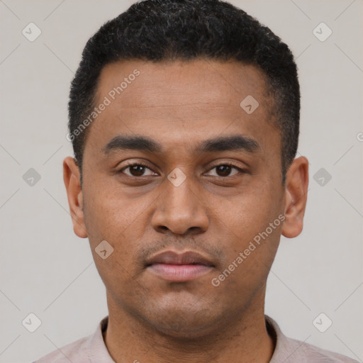 Neutral latino young-adult male with short  black hair and brown eyes