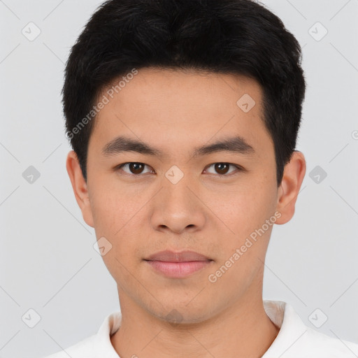 Neutral asian young-adult male with short  black hair and brown eyes