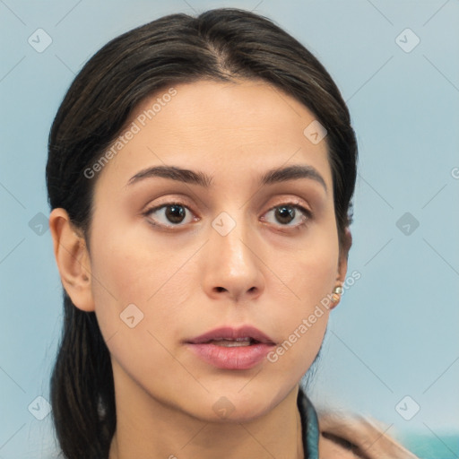 Neutral white young-adult female with medium  brown hair and brown eyes