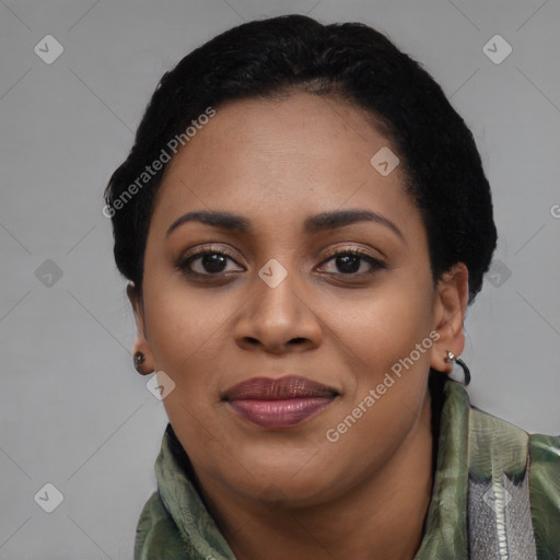 Joyful asian young-adult female with short  black hair and brown eyes