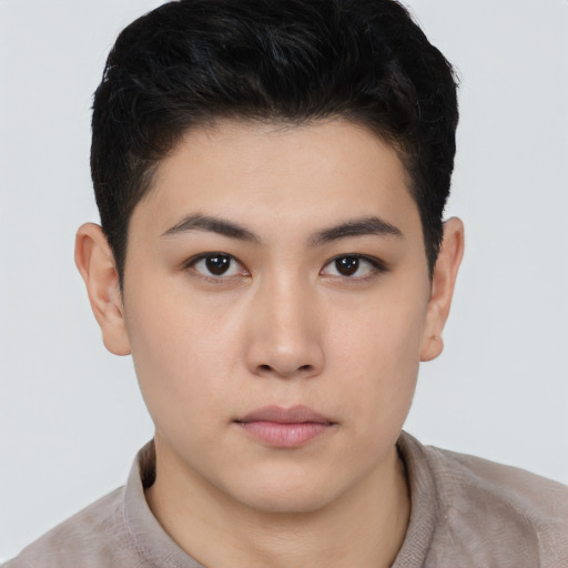 Neutral asian young-adult male with short  brown hair and brown eyes