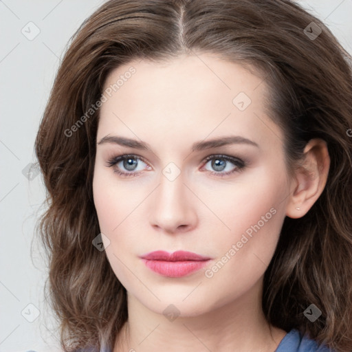 Neutral white young-adult female with medium  brown hair and grey eyes