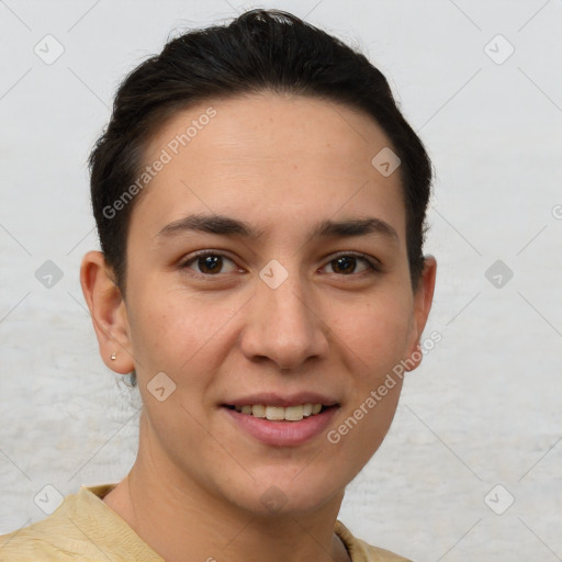 Joyful white young-adult female with short  brown hair and brown eyes