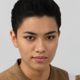 Joyful asian young-adult female with short  brown hair and brown eyes