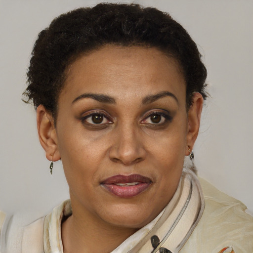 Joyful black adult female with short  brown hair and brown eyes