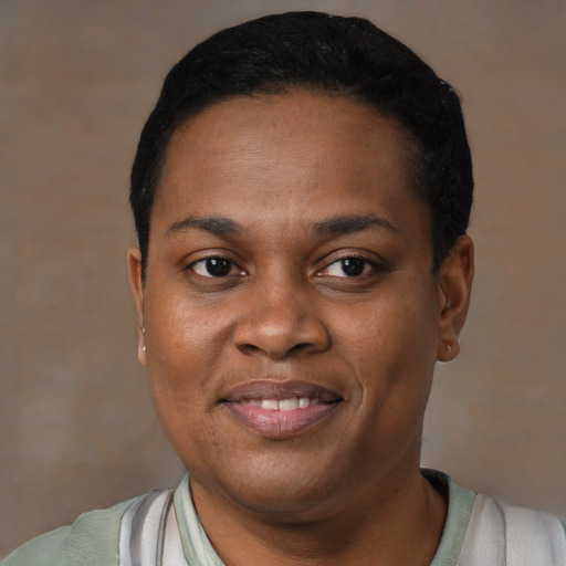 Joyful black young-adult female with short  black hair and brown eyes