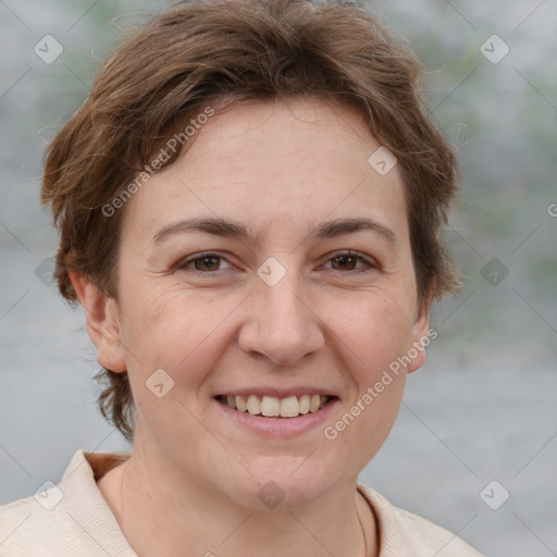 Joyful white adult female with short  brown hair and brown eyes