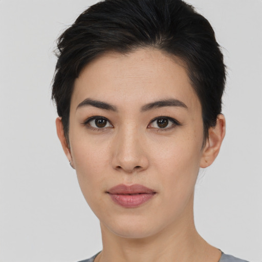 Joyful asian young-adult female with short  brown hair and brown eyes