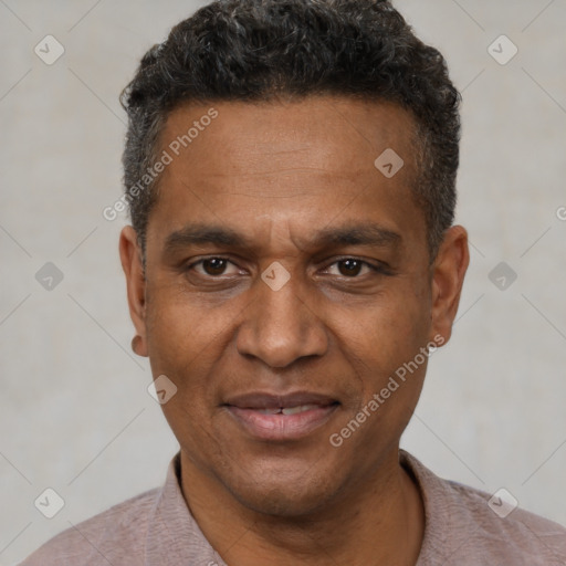 Joyful black adult male with short  brown hair and brown eyes