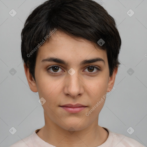 Neutral white young-adult female with short  brown hair and brown eyes