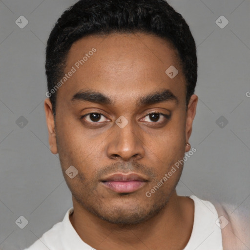 Neutral latino young-adult male with short  black hair and brown eyes